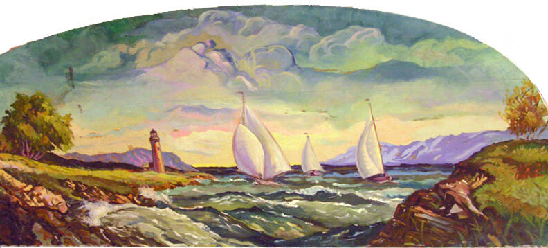 Painting of sailboats at sea with rock cliffs on either side and a light house in the distance.